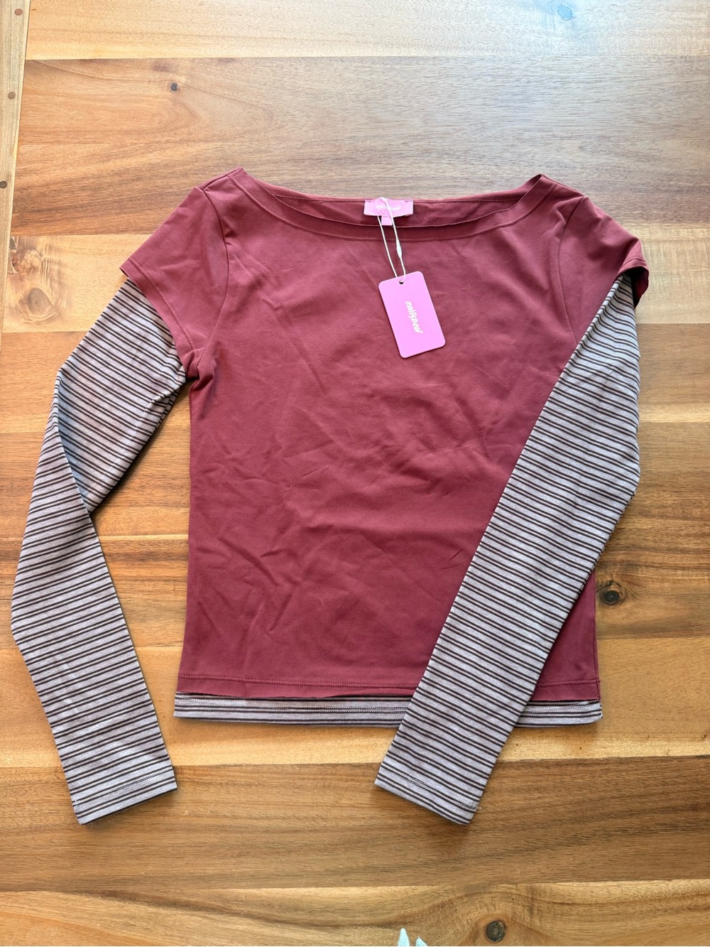 Edikted Two-Tone Layered-Look Long Sleeve Top in Dusty Rose and Stripe
